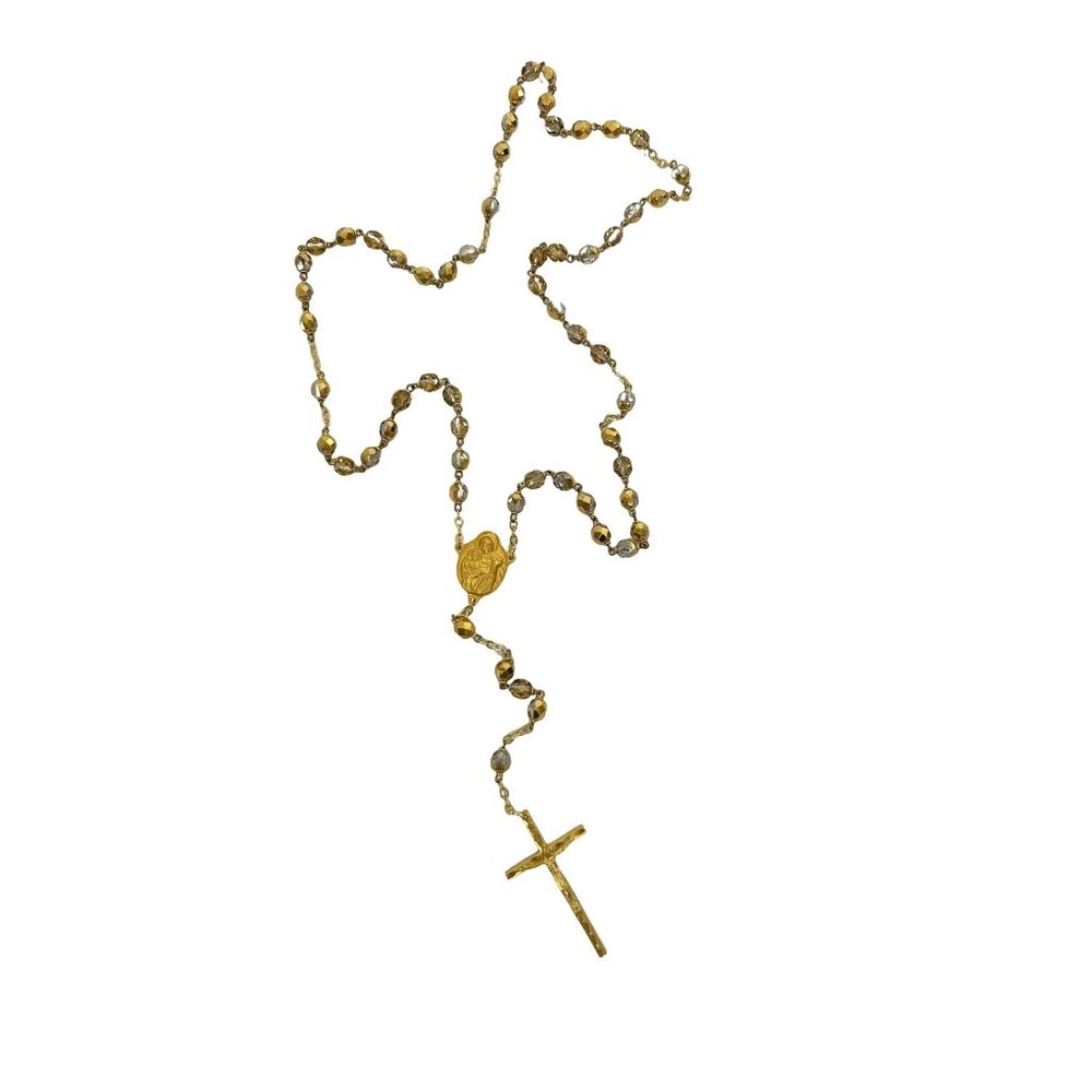 Rosary Beads Necklace Gold Crystal Lady of Snows Czech Italy Vtg 6mm 22” long